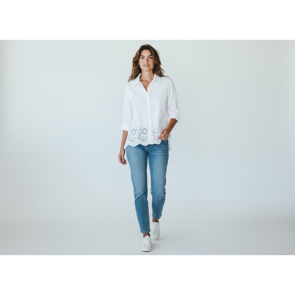 WORTHINGTON Size 14 Blouse.  Eyelet Embroidery Scalloped Hem.  White.  Casual.